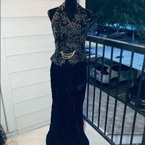 Halter top velvet formal black & gold sequins